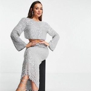 ASOS Edition Sequin & Crystal Fringe Top Grey Size 14 Womens New Years